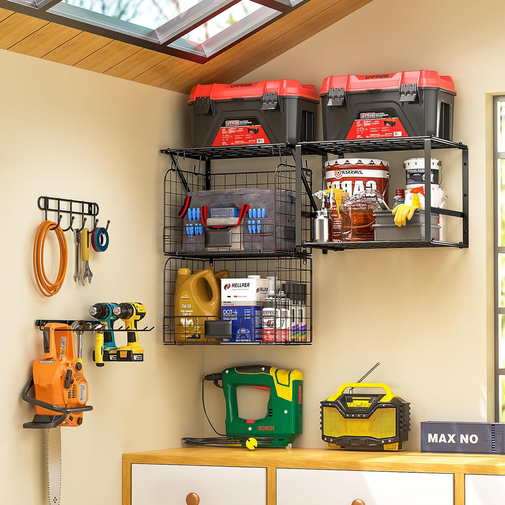 threehio garage shelf wall mounted with wire baskets shown in use
