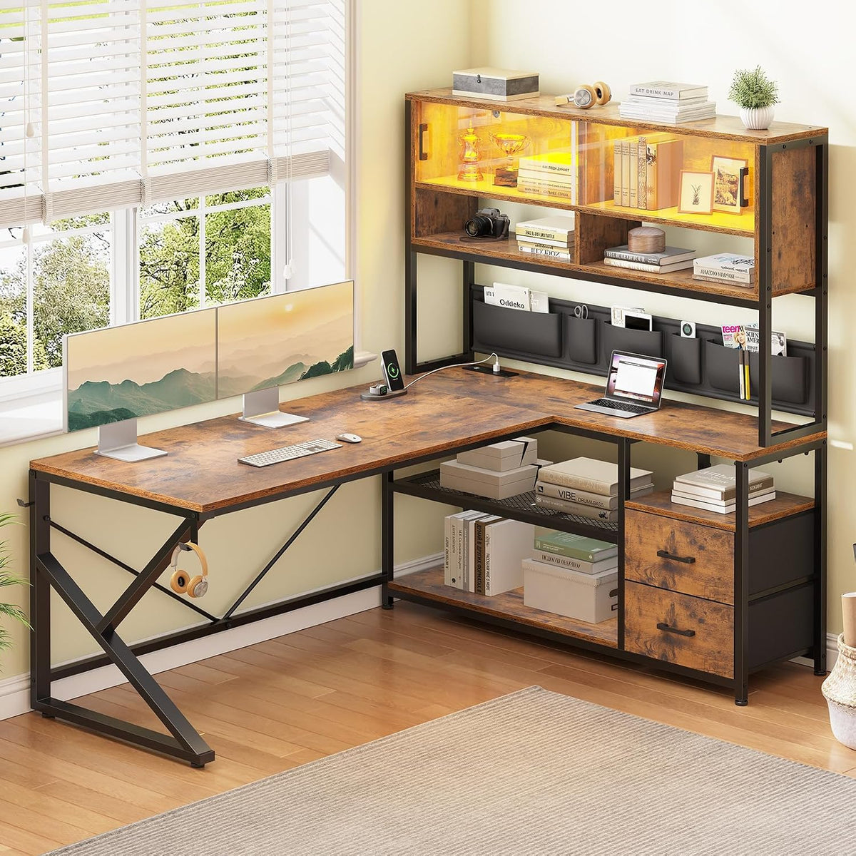 SEDETA L Shaped Office Desk with Storage Shelves, 2 Drawer, LED Light