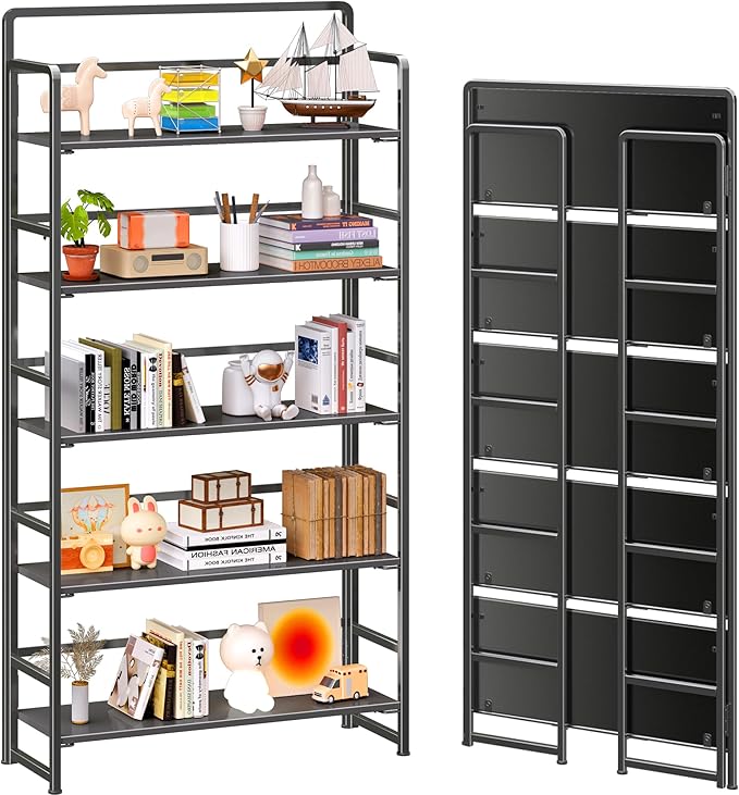 4NM No Assembly Extra Wide 5 Tiers Folding Bookshelf Storage Shelves Vintage by 4NM