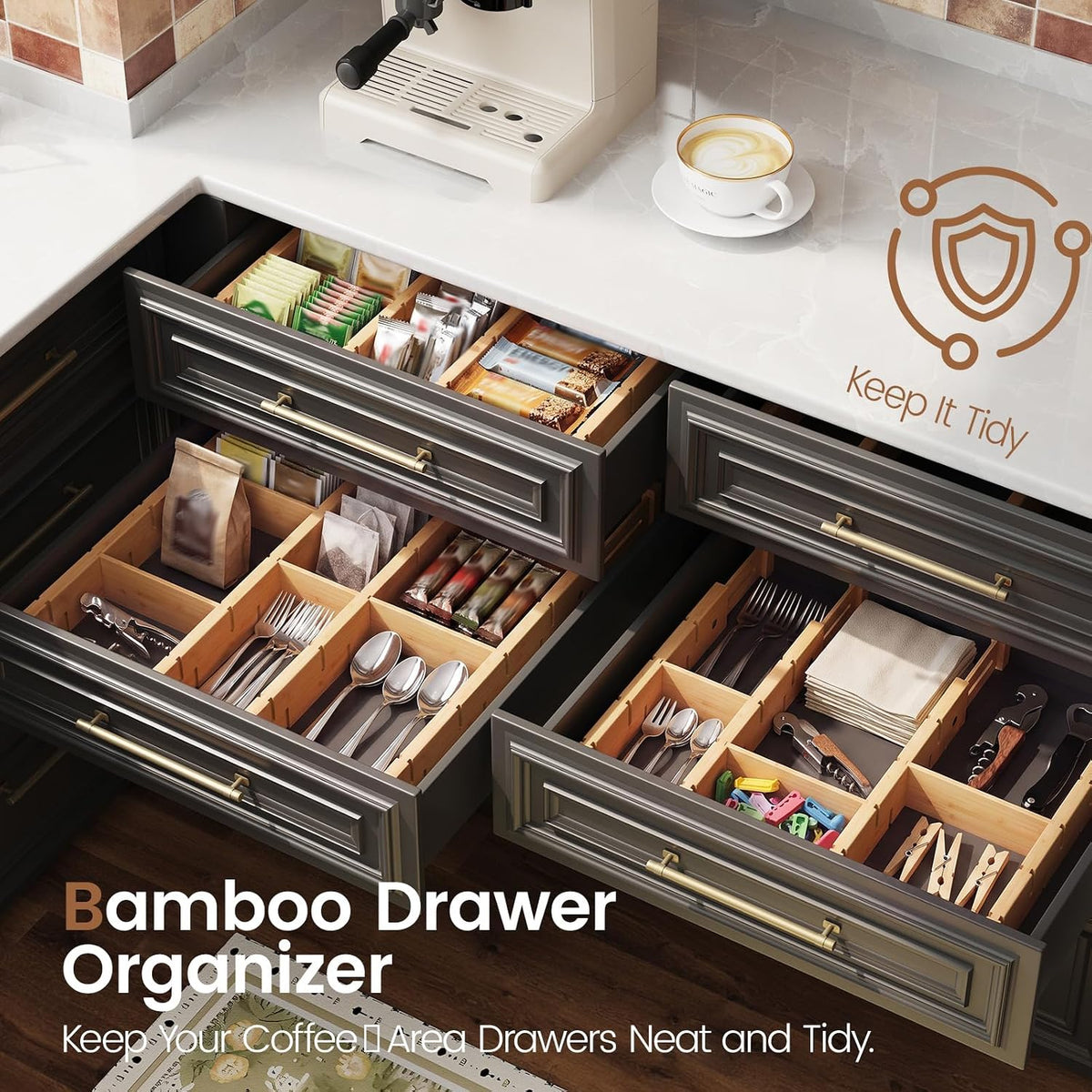 Bamboo Drawer Dividers 8 Pack with Inserts, Kitchen Adjustable Drawer Organiz...