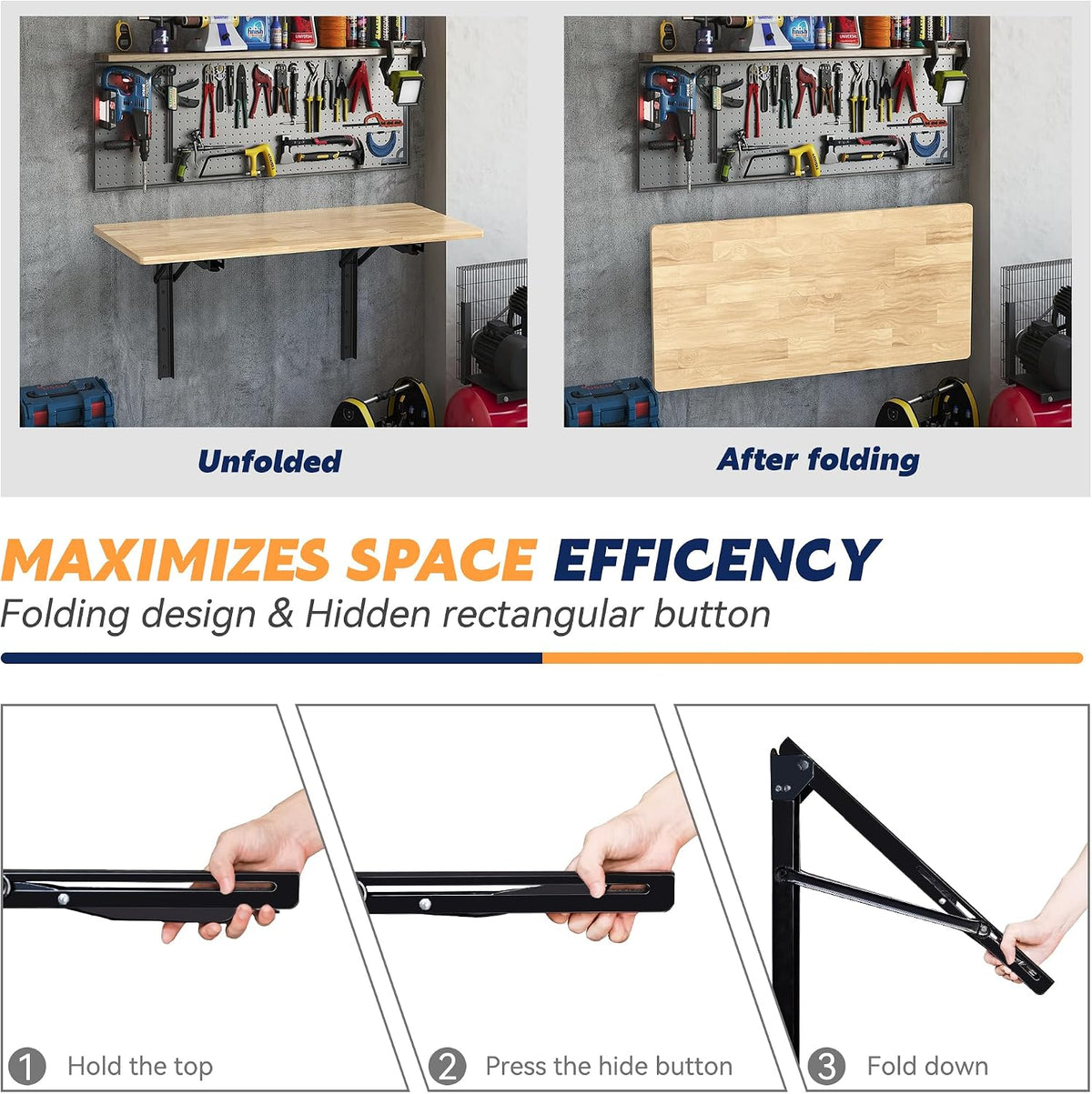 ultrawall wall mounted folding workbench, heavy duty foldable, close-up detail