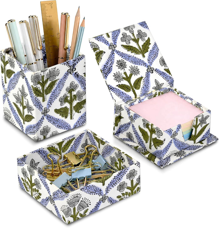 Ridhi Light Steel Blue Block Print Desk Organizer Pen & Notepad Holder Pc-3