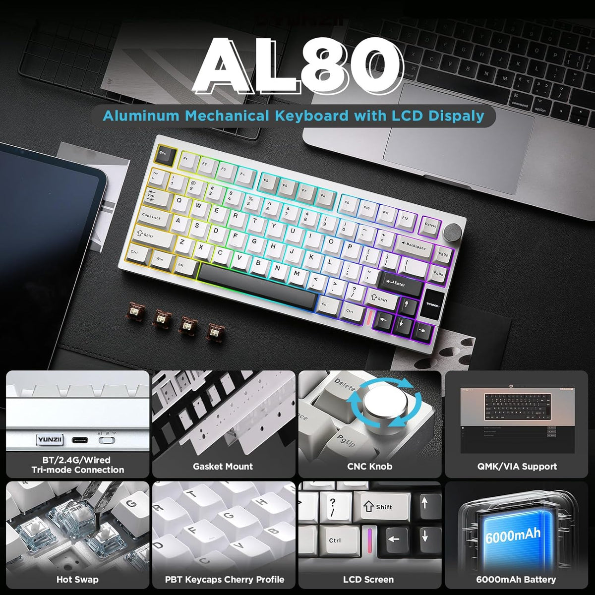YUNZII AL80 75% Wireless Aluminum Mechanical Keyboard(Silver,Cocoa Cream)