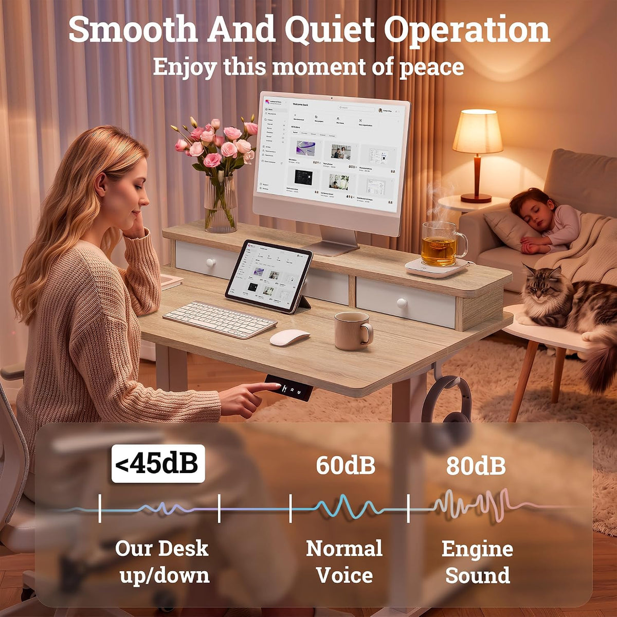 TIQLAB Small Standing Desk with 3 Drawers, 40" Computer Desk Girls, Maple