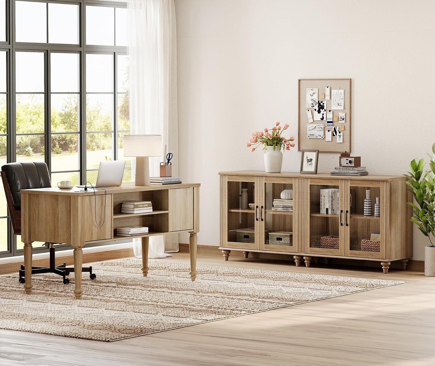 WAMPAT Home Office Furniture Set, 56'' Executive Desk with Charging Station, 2-in-1 Cabinet with Glass Doors, Wood Computer Desk with File Cabinet Storage, Open Shelf, Oak