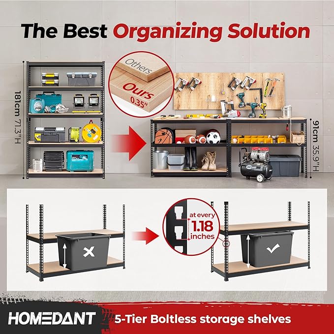 HOMEDANT 5 Tier Storage Shelves Adjustable Laminated Boltless Garage Metal - Image 3