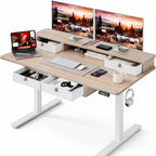 Grandder Electric Standing Desk with Four Drawers, Sit to Stand Up Height Adjustable Desk with Storage Shelf for Home Office, 47 * 28 Inch, Study, Ergonomic Adjustable Computer Desk, Maple
