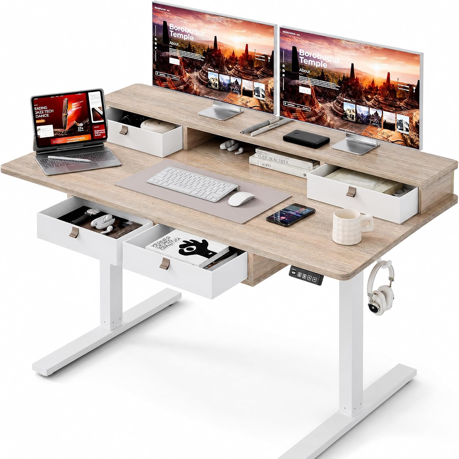 Grandder Electric Standing Desk with Four Drawers, Sit to Stand Up Height Adjustable Desk with Storage Shelf for Home Office, 47 * 28 Inch, Study, Ergonomic Adjustable Computer Desk, Maple