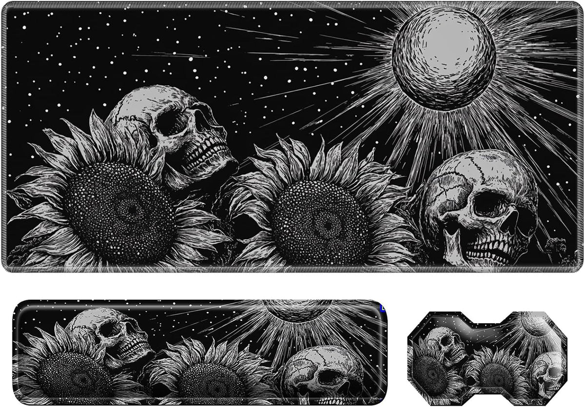 3Pcs Mouse Pad Set, Gothic Skull Sunflowers Large Gaming Mouse Pad with Stitc...