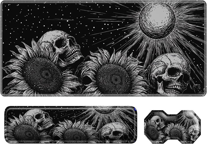 3Pcs Mouse Pad Set, Gothic Skull Sunflowers Large Gaming Mouse Pad with Stitched Edge, Ergonomic Memory Foam Keyboard Wrist Support and Mouse Wrist Rest Cushion, Pain Relief Non-Slip Desk Pad Combo