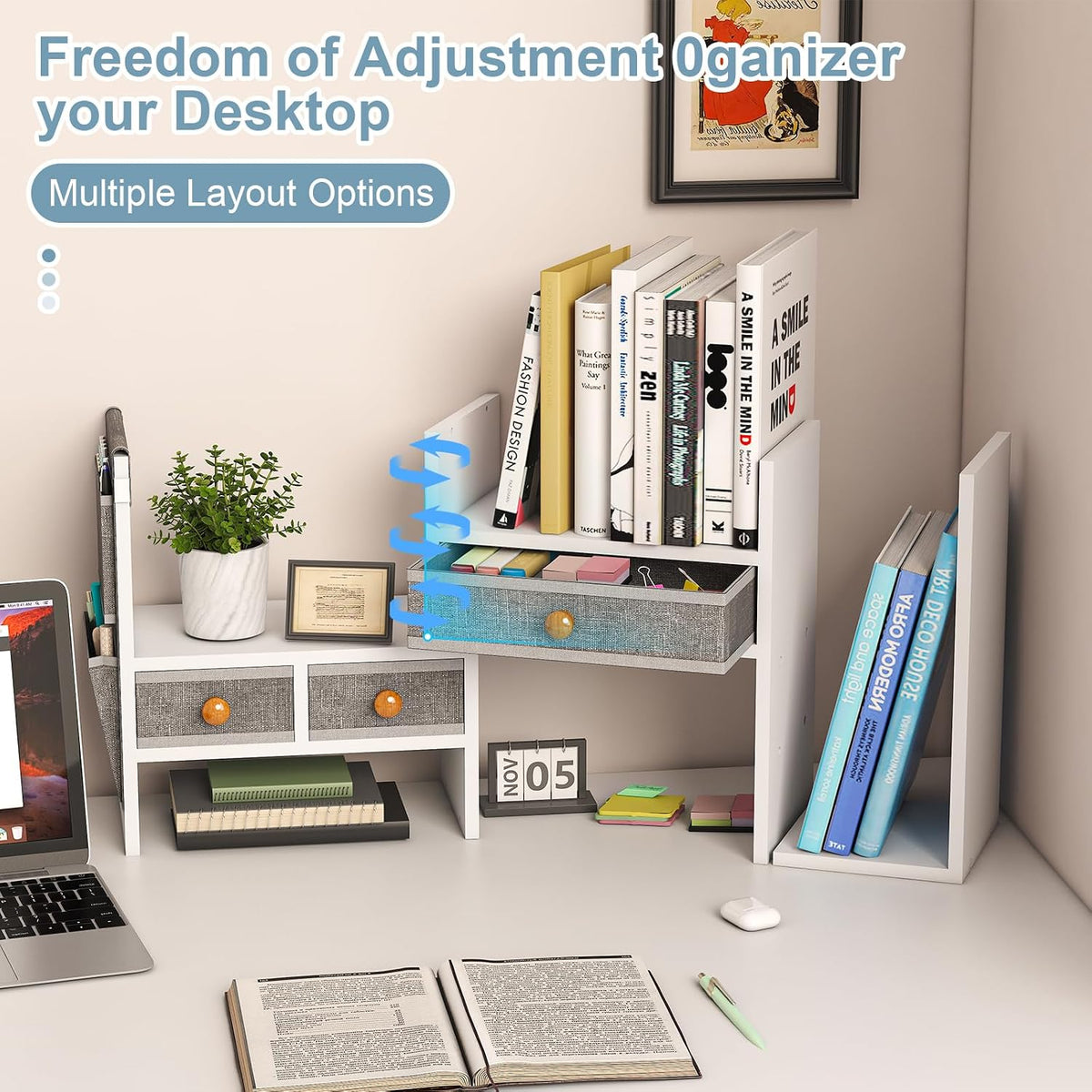 X-cosrack Adjustable Desk Shelves for Storage, Desktop Bookshelf with 3 Drawe...