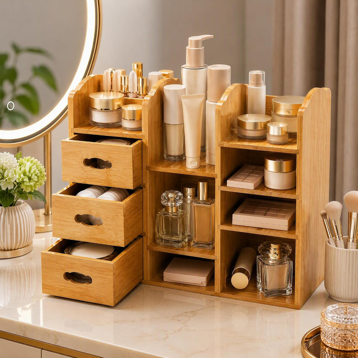 Coloch Bamboo Makeup Organizer with Drawers, Large Cosmetics Storage Shelf fo...