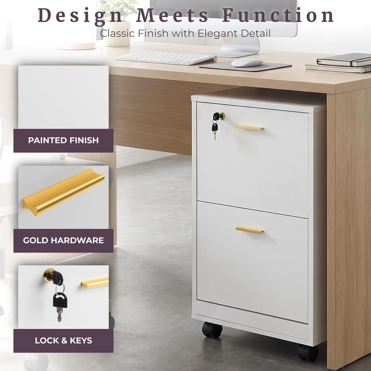 lavish home 2-drawer wooden file cabinet with lock, close-up detail