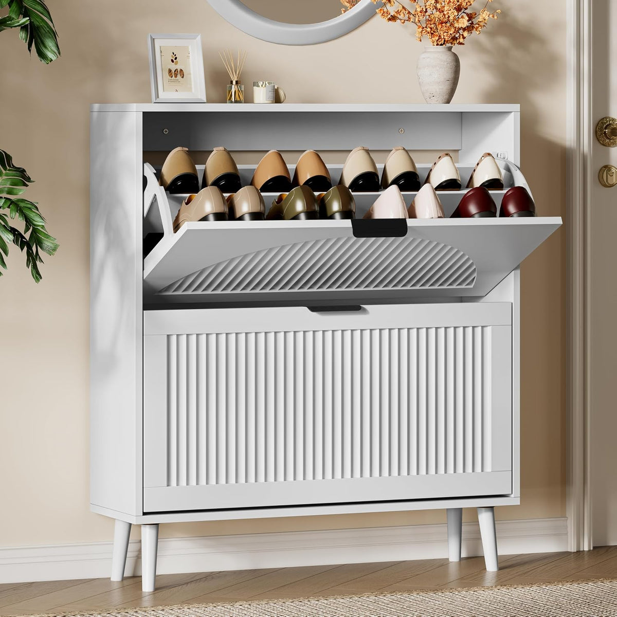 Xixini Shoe Storage Cabinet with 2 Flip Drawers, 36" Tall Narrow Wood Fl...