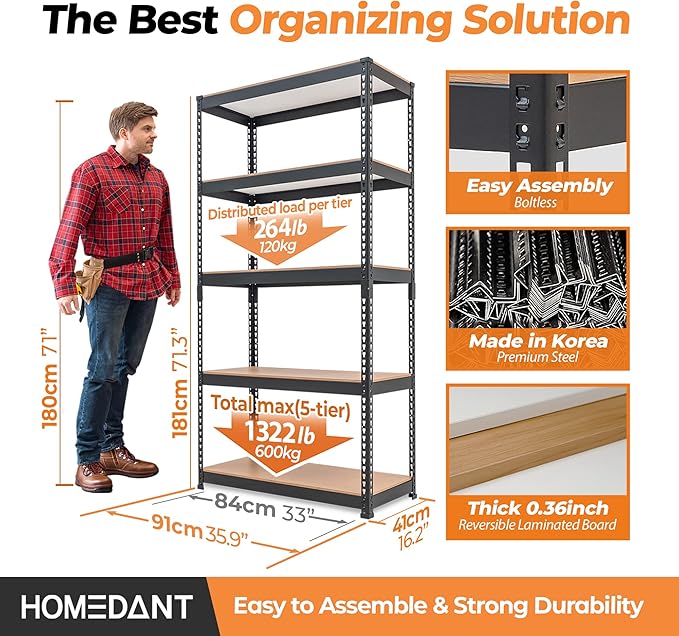 HOMEDANT 35.9" W 5 Tier Heavy Duty Garage Shelving Adjustable Metal Rack - Image 2