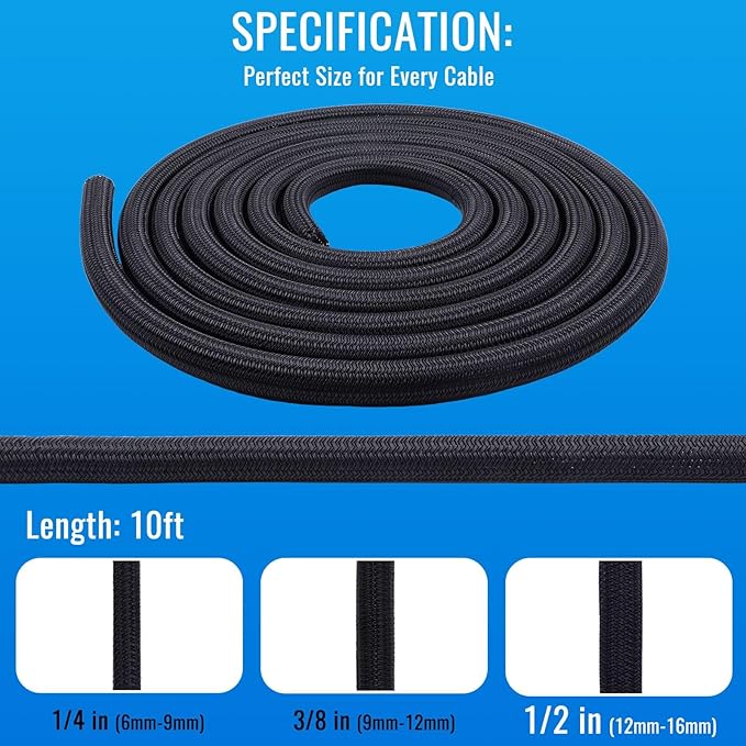 Flauzmann 1/2" Braided Cable Sleeve - 10Ft Cat Cord Protector Split Wire Loom - Image 2