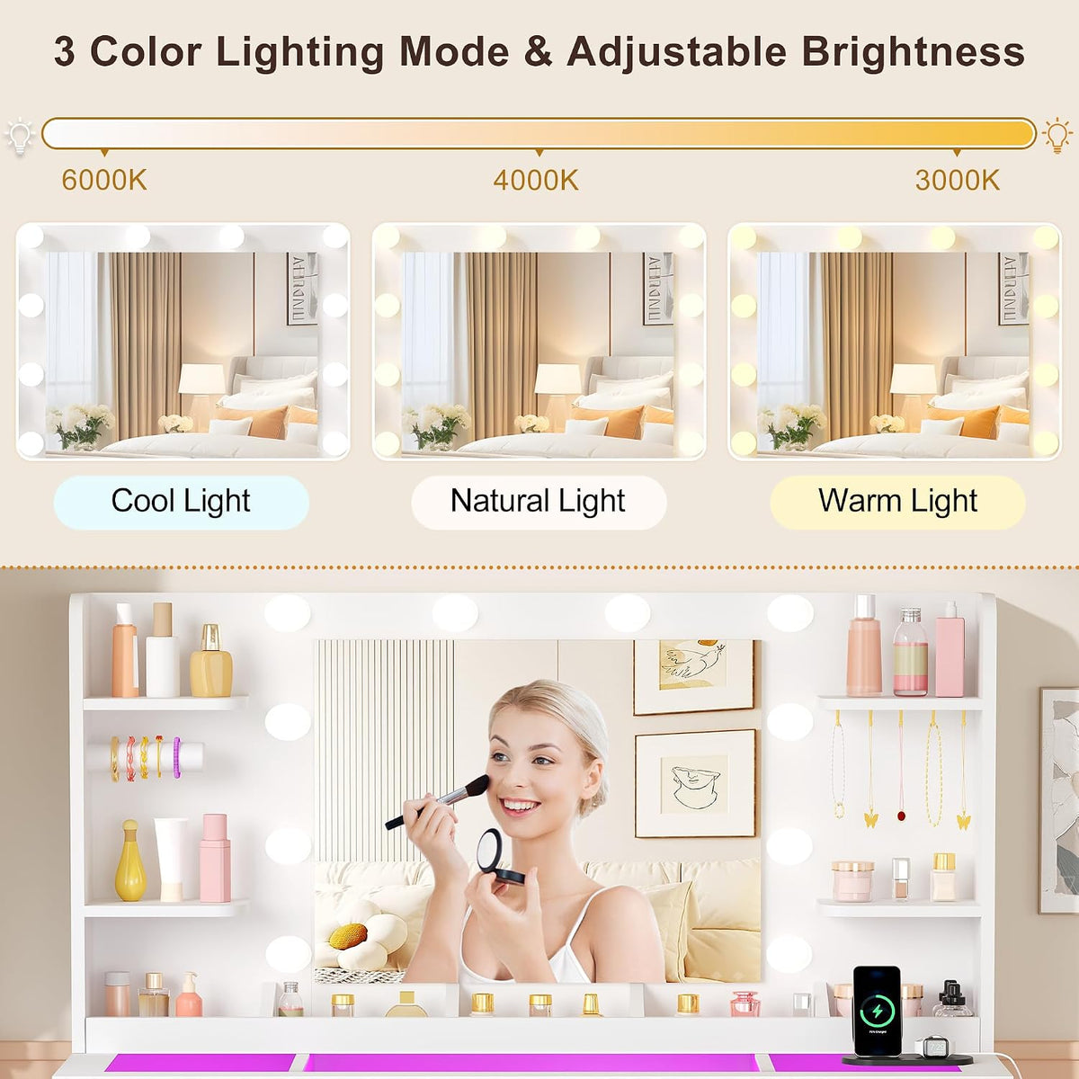 Large Makeup Vanity with Mirror and Lights, 11-Drawer RGB Vanity