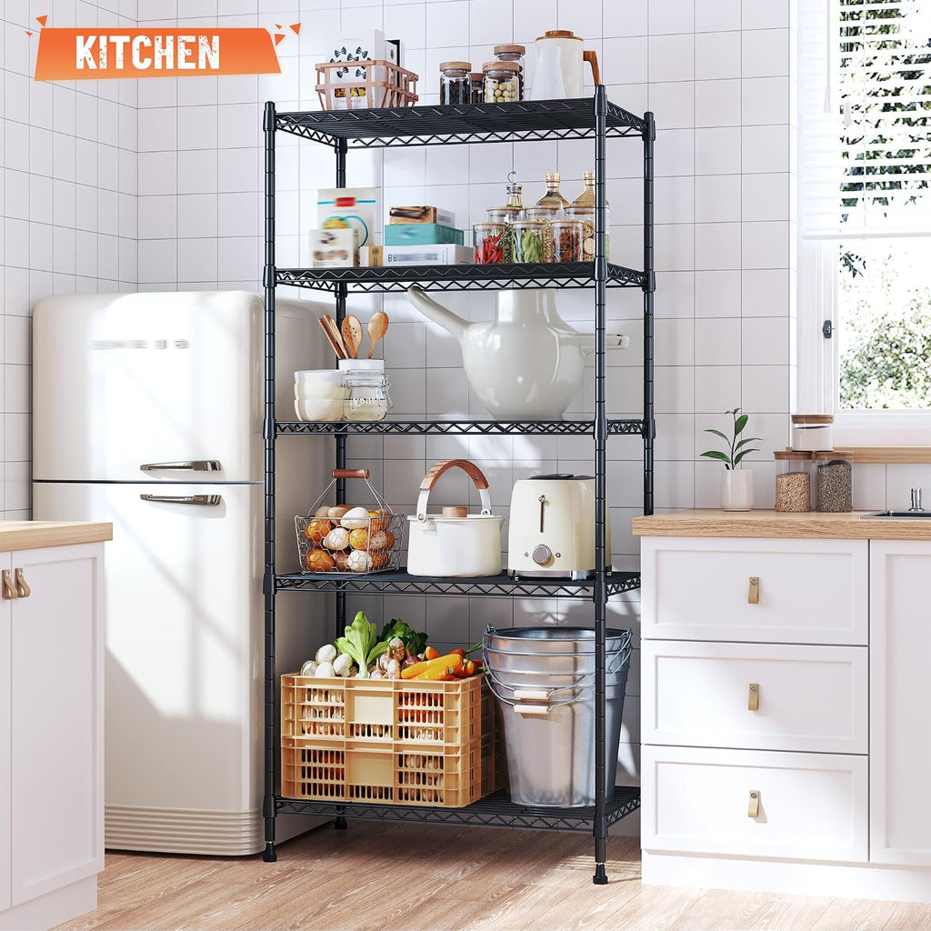 romorgniz 5-tier adjustable wire shelving, 1010lbs, kitchen pantry shown in use