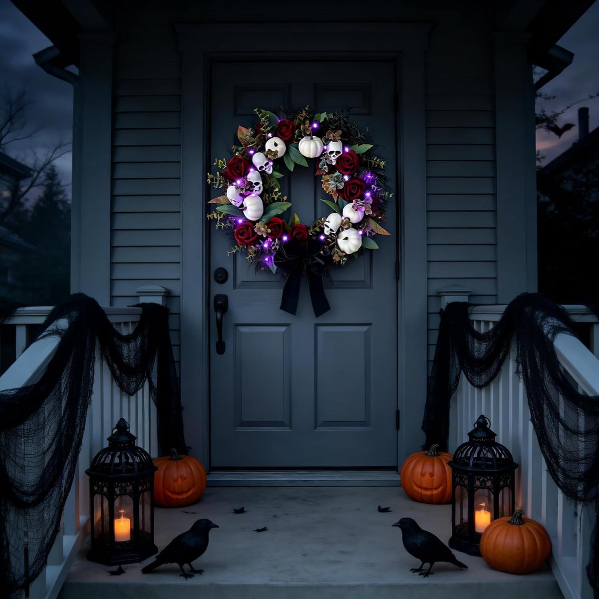 HipTree 20 Inch Gothic Halloween Wreath for Front Door with Purple Lights