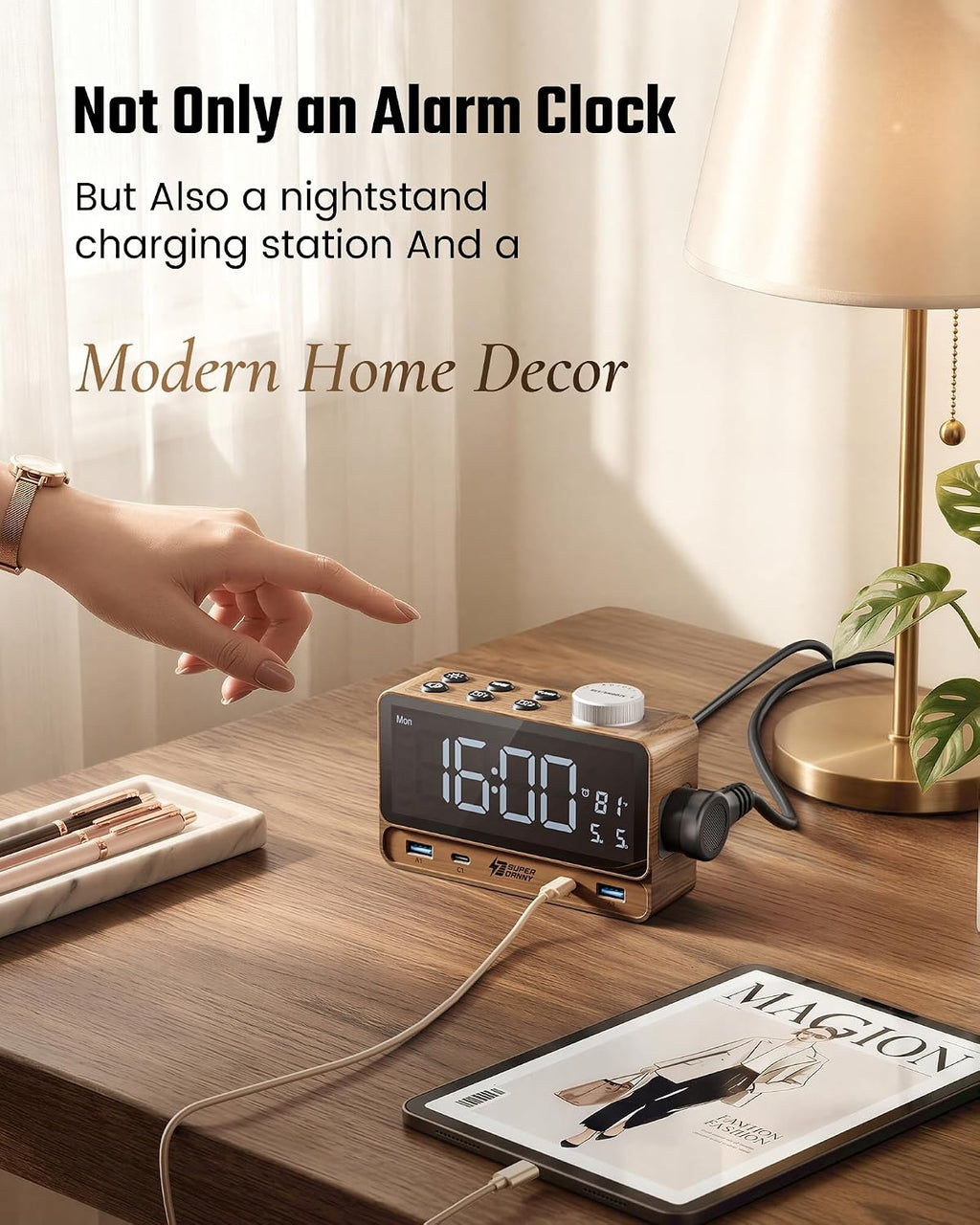 superdanny alarm clock with pd 20w, 4 usb shown in use