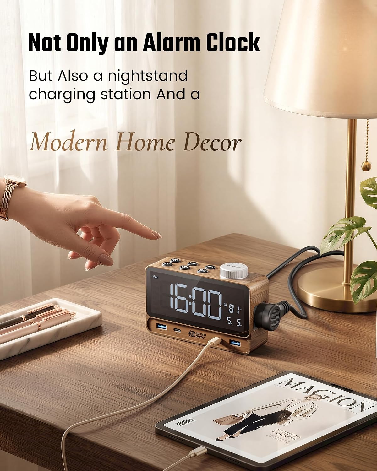 superdanny alarm clock with pd 20w, 4 usb shown in use
