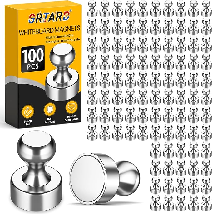Grtard 100 Pack Magnetic Push Pins, Fridge Magnets by Grtard