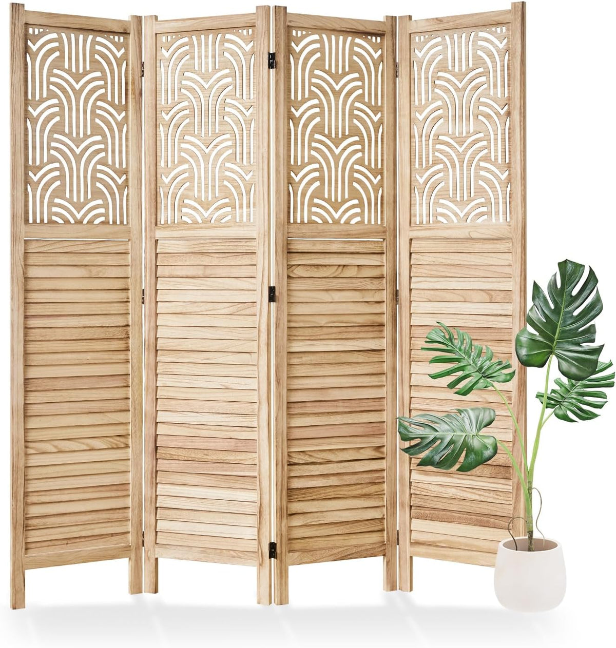 Svimi Folding Room Divider, 66.9 Inch 4 Panels Wood Carved Privacy Screens