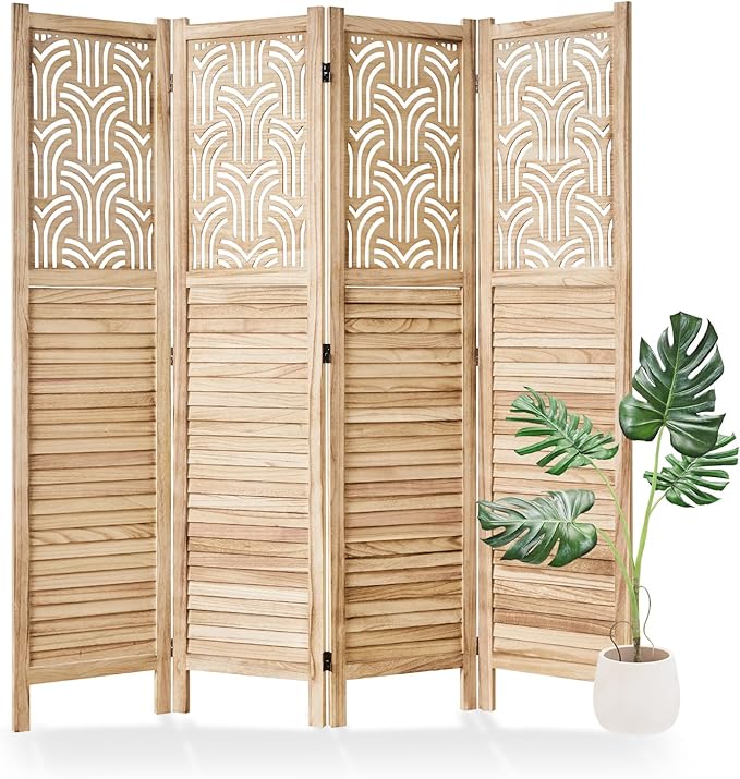 Svimi Folding Room Divider, 66.9 Inch 4 Panels Wood Carved Privacy Screens by Svimi
