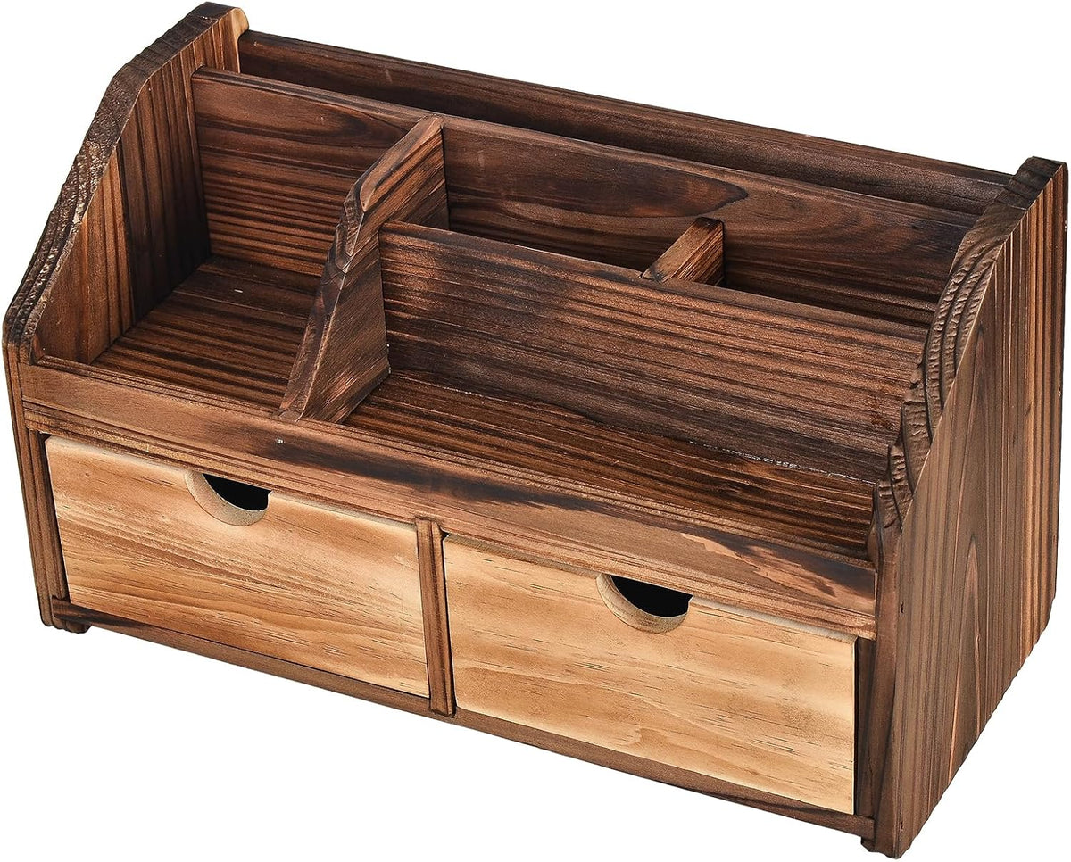 Rustic Torched Dark Brown Wood Desk Organizer Wooden Tabletop Stationery Hold...