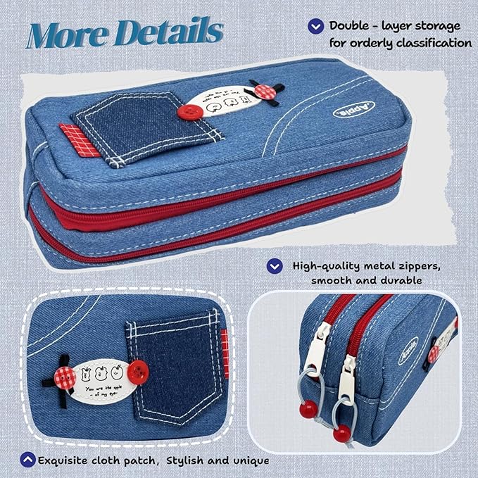 Haumei Canvas Pencil Case Large Capacity, Big Denim Pen Pouch - Image 4