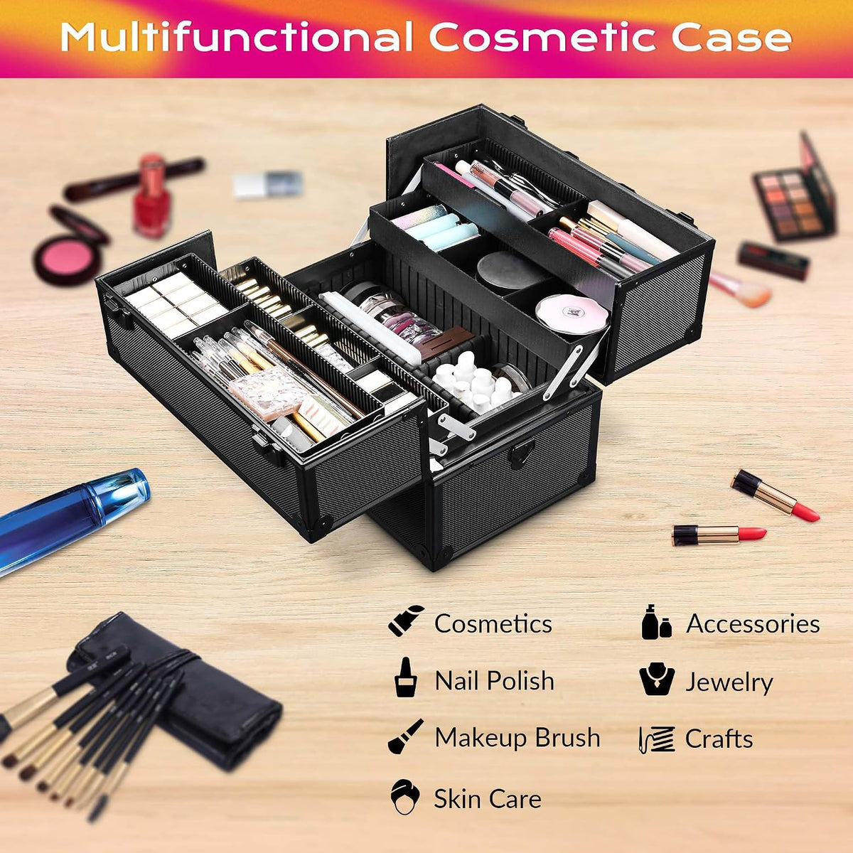 BYOOTIQUE 14'' Makeup Train Case w/Strap 4 Adjustable Trays Storage Box