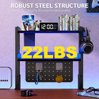 metal clamp on desk shelf,storage shelves with pegboard, close-up detail