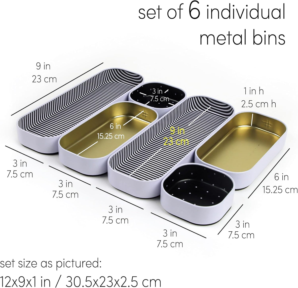 Three by Three Seattle Metal Drawer Organizer Tray Set, 6-Pc, 1" (Gold)