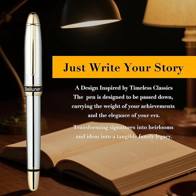 BEILUNER 315 Silver Chrome Fountain Pen, Stunning Luxury Pens - Image 8