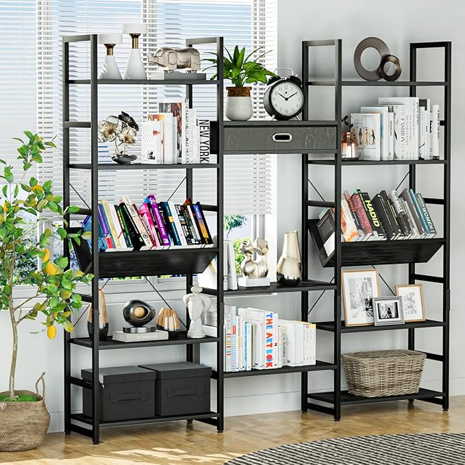 NUMENN Triple Wide 5 Tier Bookshelf, Adjustable Rustic Industrial Style Book - Image 2