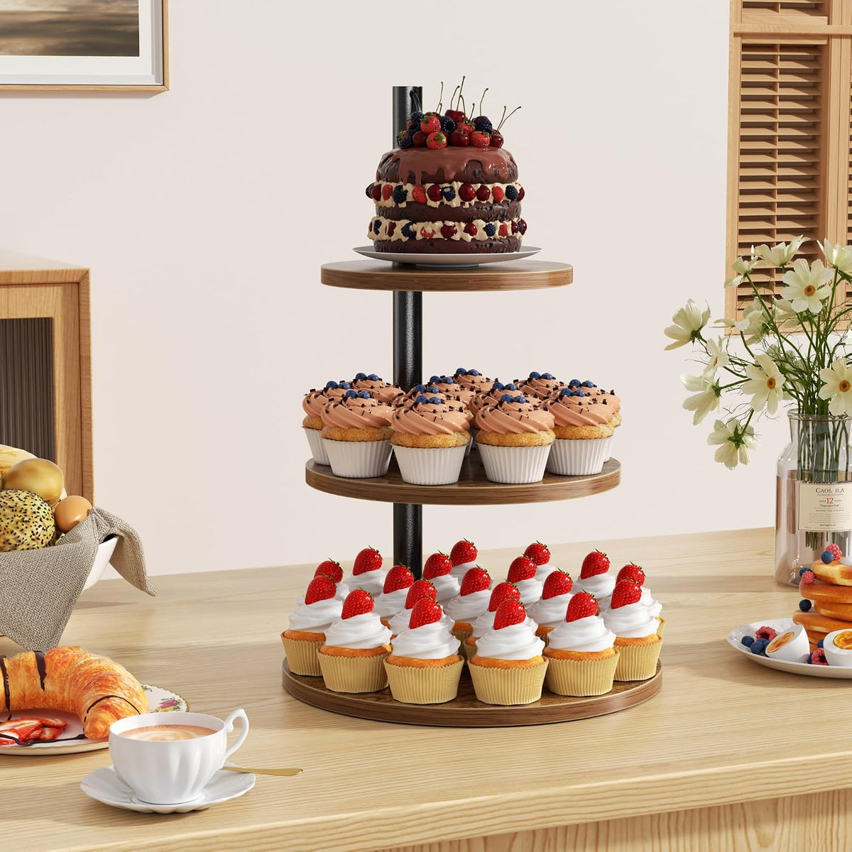 Aminigram 2 packs Wooden Cupcake Stand, 3 Tier Large Cupcake Tower Stand 50 C...