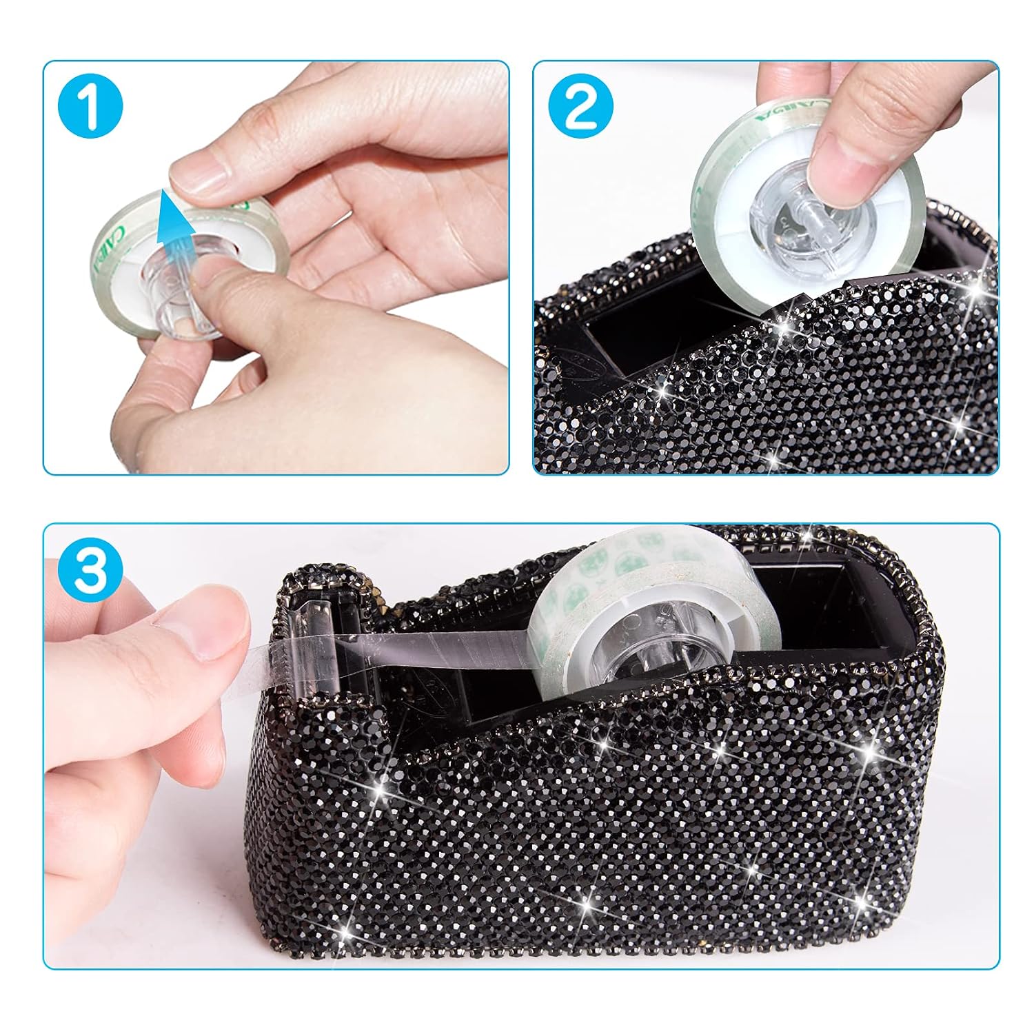 Bling Crystal Luxury Handmade Diamond Desktop Tape Dispenser for Fashion Girls Women (Black)