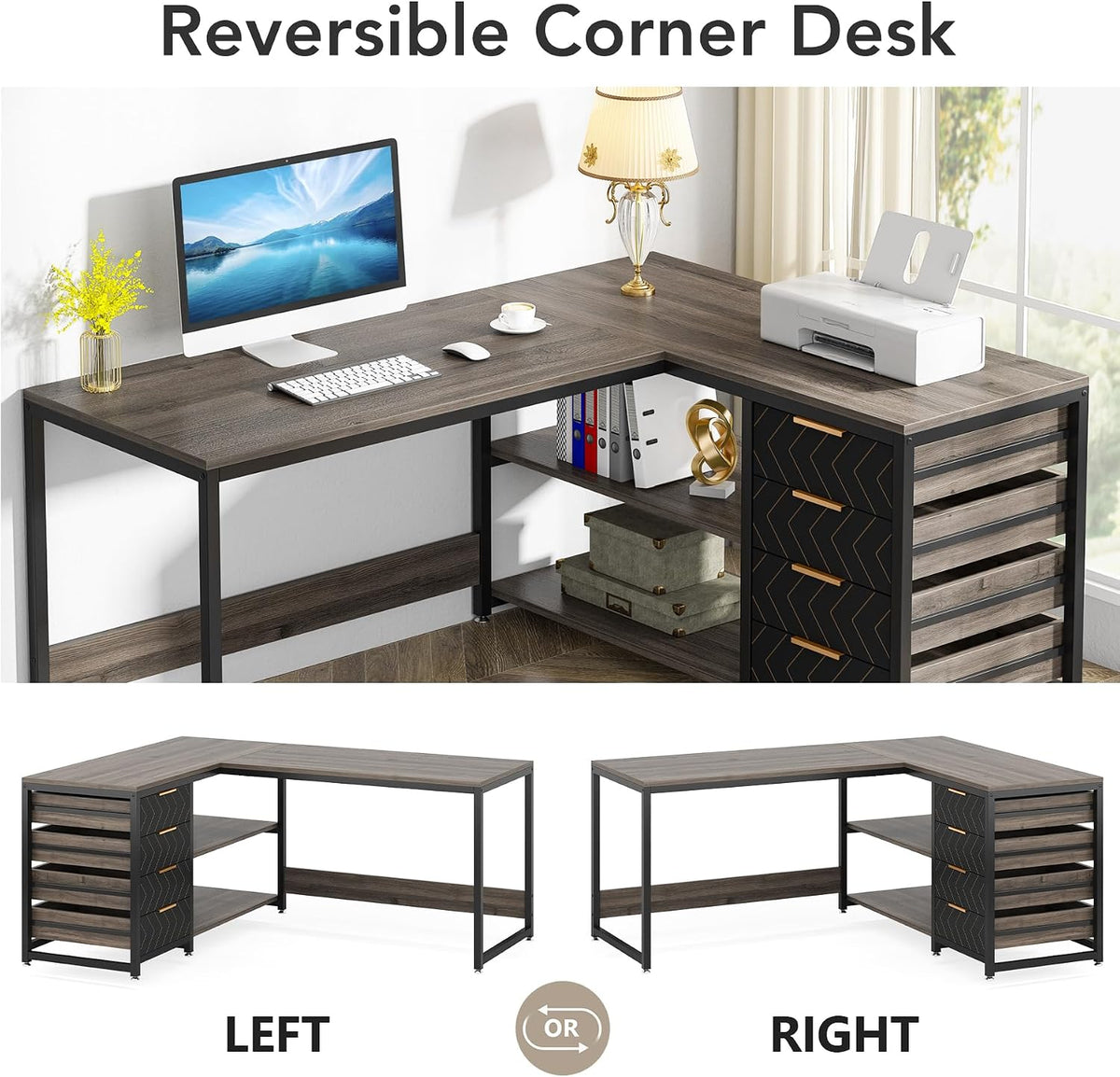 Tribesigns L Shaped Computer Desk with Storage Drawers, 59 inch Corner Desk w...