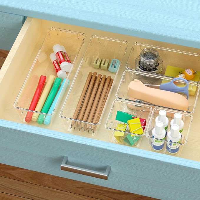 WOWBOX 6 Pack Clear Drawer Organizer Set, Acrylic Drawer Storage Trays - Image 5