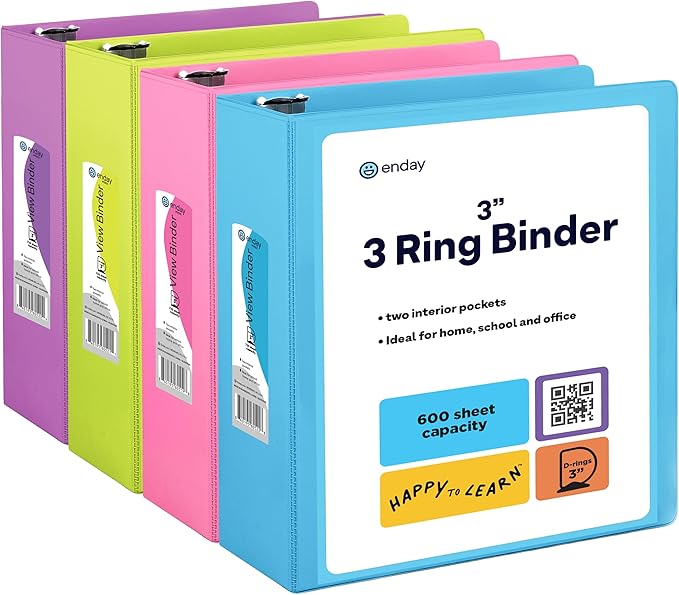 3 Inch Binder 3 Ring Binders, Slant D-Ring 3” Clear View Cover by ENDAY