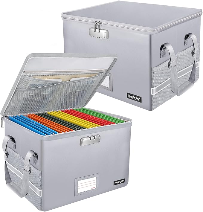 ENGPOW File Box with Lock, Fireproof Document Box with Pockets, Collapsible by ENGPOW