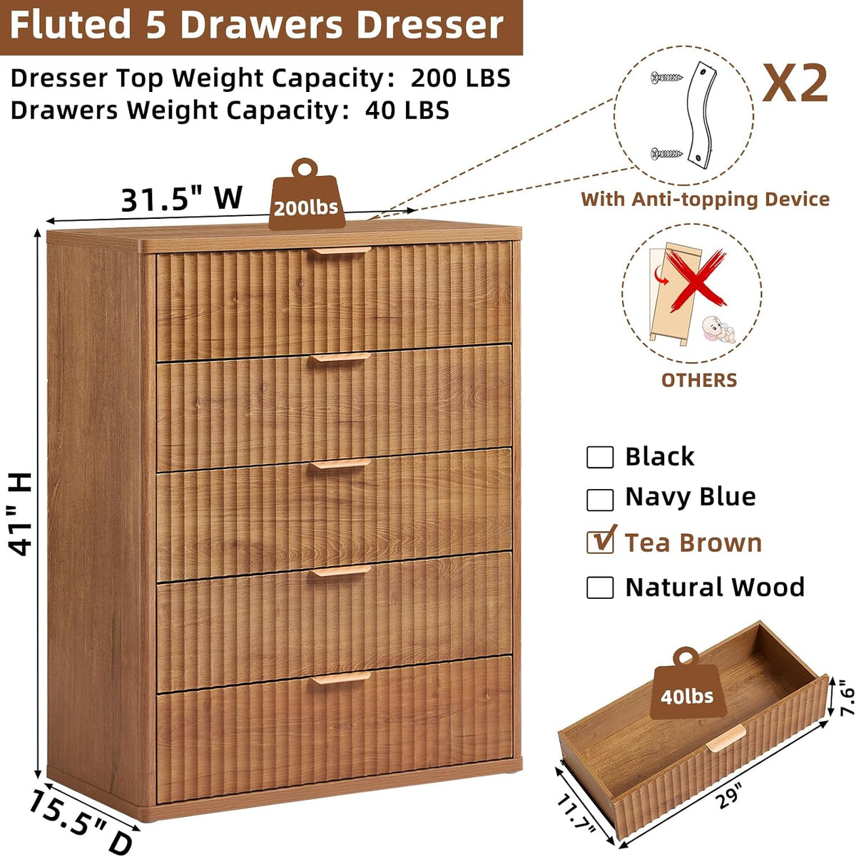 LEYAOYAO Fluted 5 Drawers Dresser for Bedroom, 41" Tall Modern Chest of ...