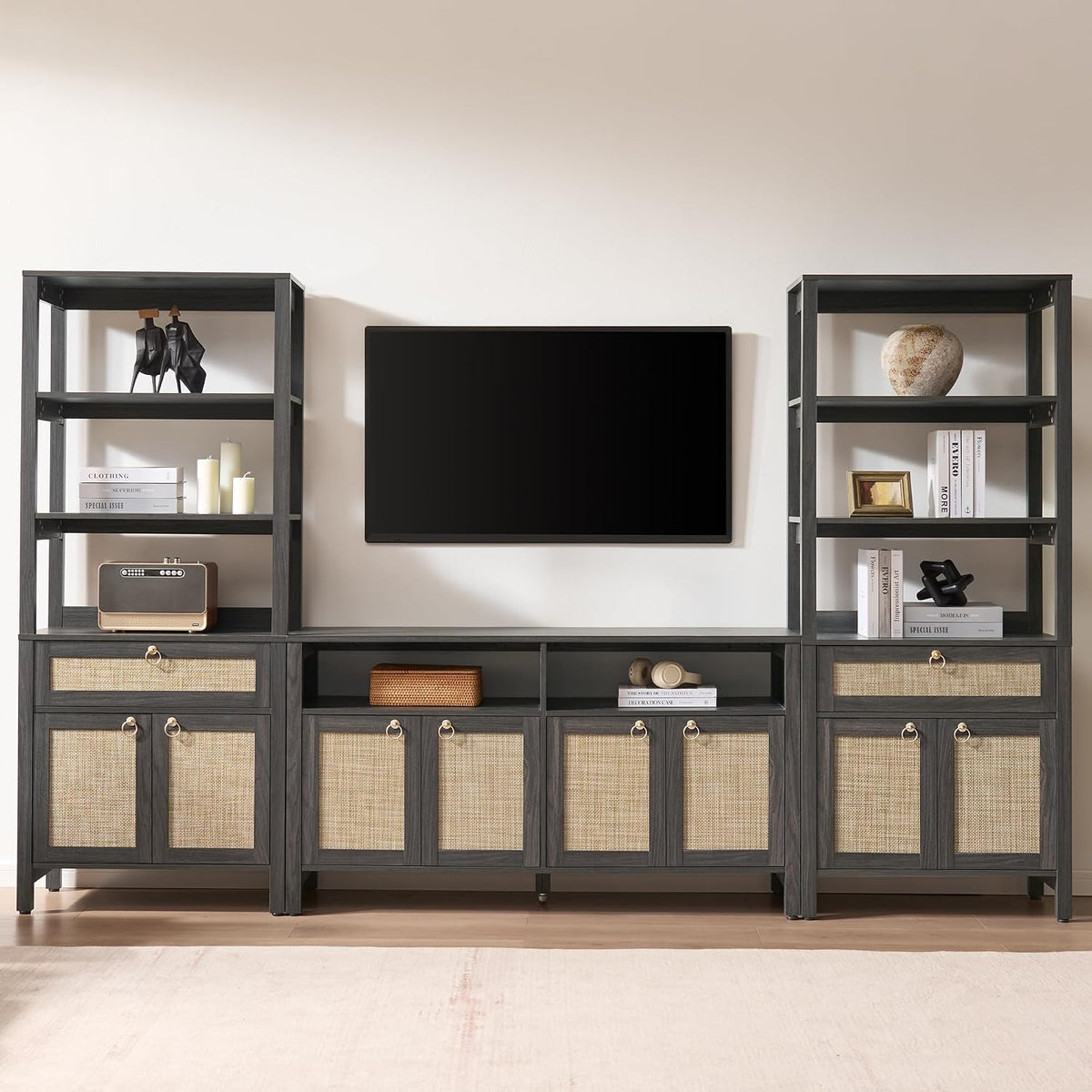 SICOTAS 68.5" Tall Boho Rattan Bookshelf with Drawer and Storage Doors
