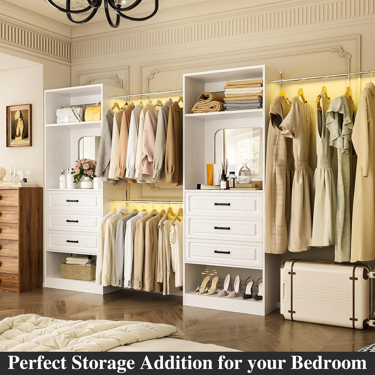 Unikito 6-14FT Wood Closet System with 6 Drawers and Mirror, White