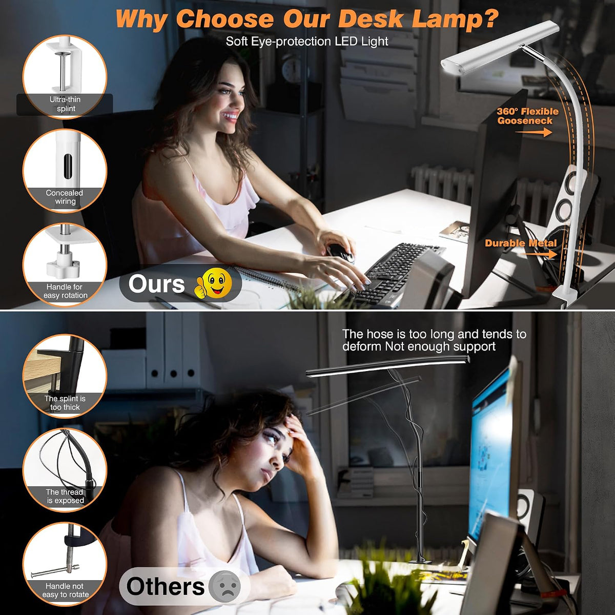 Airlonv LED Desk Lamp with Clamp, 17" Stepless Dimming Light, White