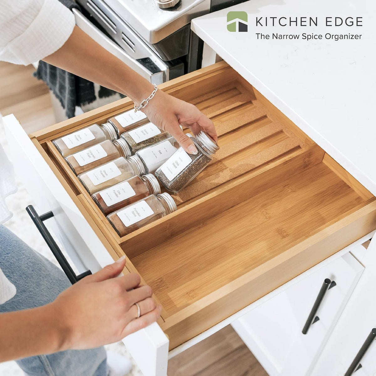 KitchenEdge Expandable Spice Drawer Organizer, Bamboo