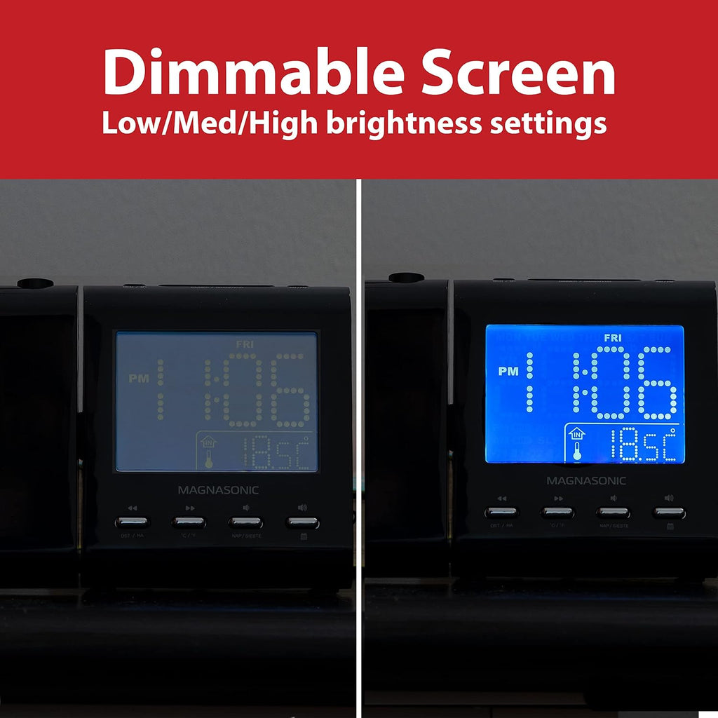 magnasonic projection alarm clock with am/fm radio, battery, side view