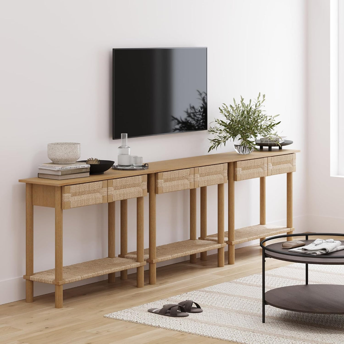 Nathan James Beacon Wooden Sofa Console Table with Drawers, Bohemian Entryway...
