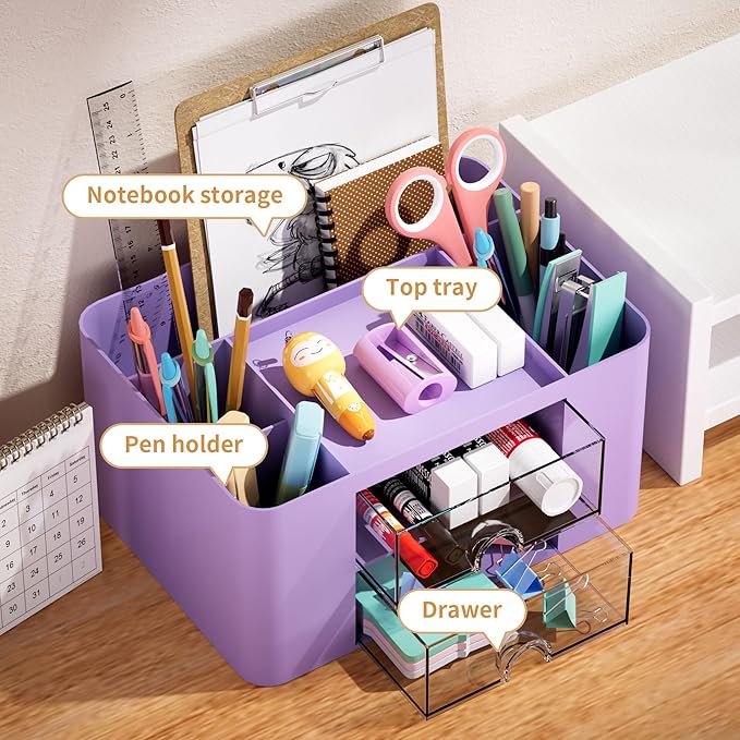Marbrasse Pen Organizer with 2 Drawer, Desk Organizers and Accessories with 5 - Image 2
