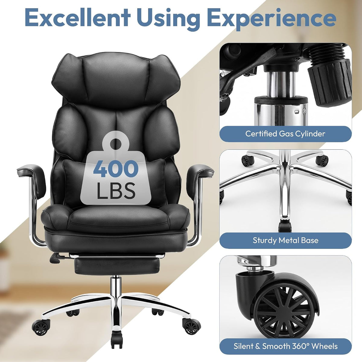 Big and Tall Office Chair, Ergonomic Leather Recliner Computer Chair, Black